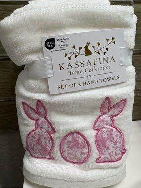 Kassafina Home Collection White Hand Towels w/Pink Bunny Embroidery - Set of 2
